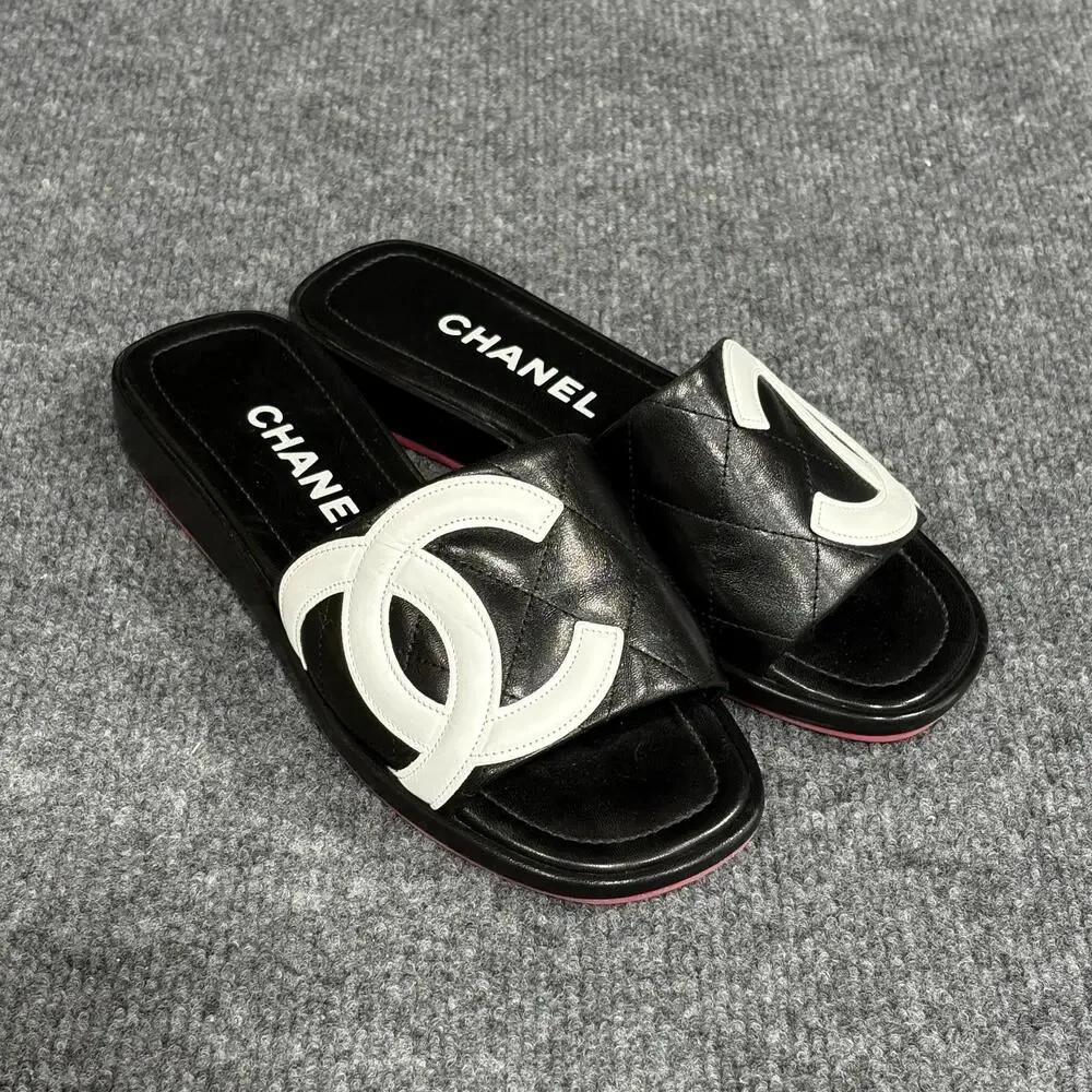 Chanel Cambon Slide Sandals Womens 5.5 Black Leather Quilted Logo Flat Shoe Pink